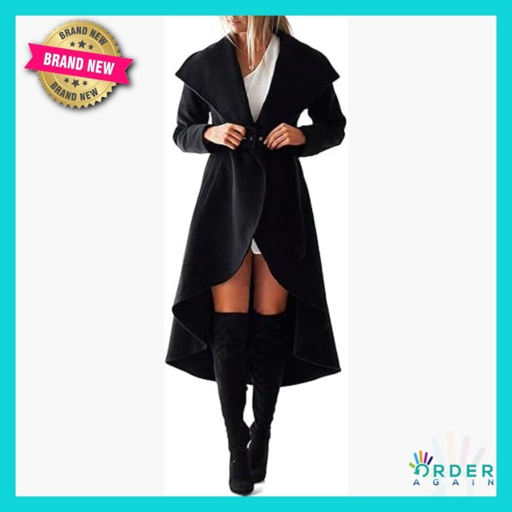 Wool Trench Coat Wrap Collar High Low Jacket Elegant Winter Outwear Belted